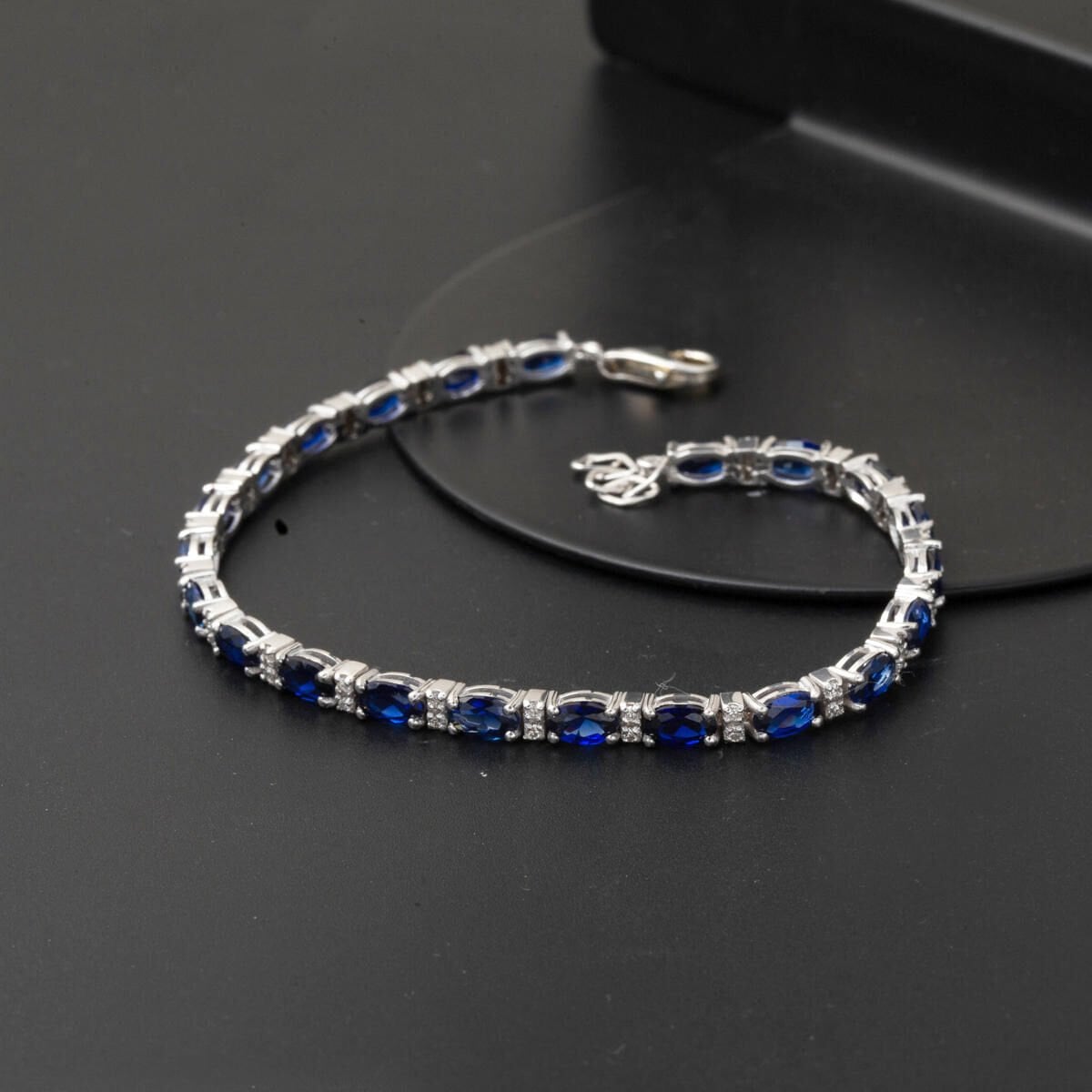 14K White Gold Tennis Diamond Sapphire Bracelet