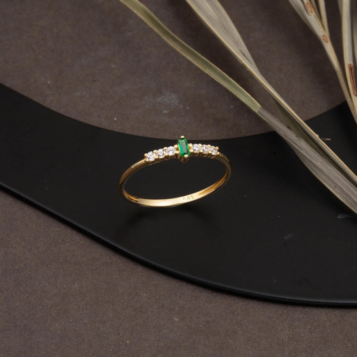 14K Yellow Gold Green Baguette Solitaire Cubic Zirconia Ring