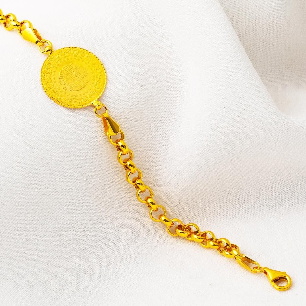 14K Yellow Gold Rolo Chain Quarter Coin Bracelet