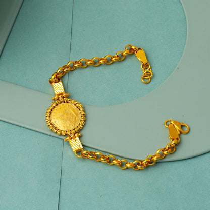 22K Yellow Gold Rolo Chain Ottoman Resat Quarter Coin Bracelet