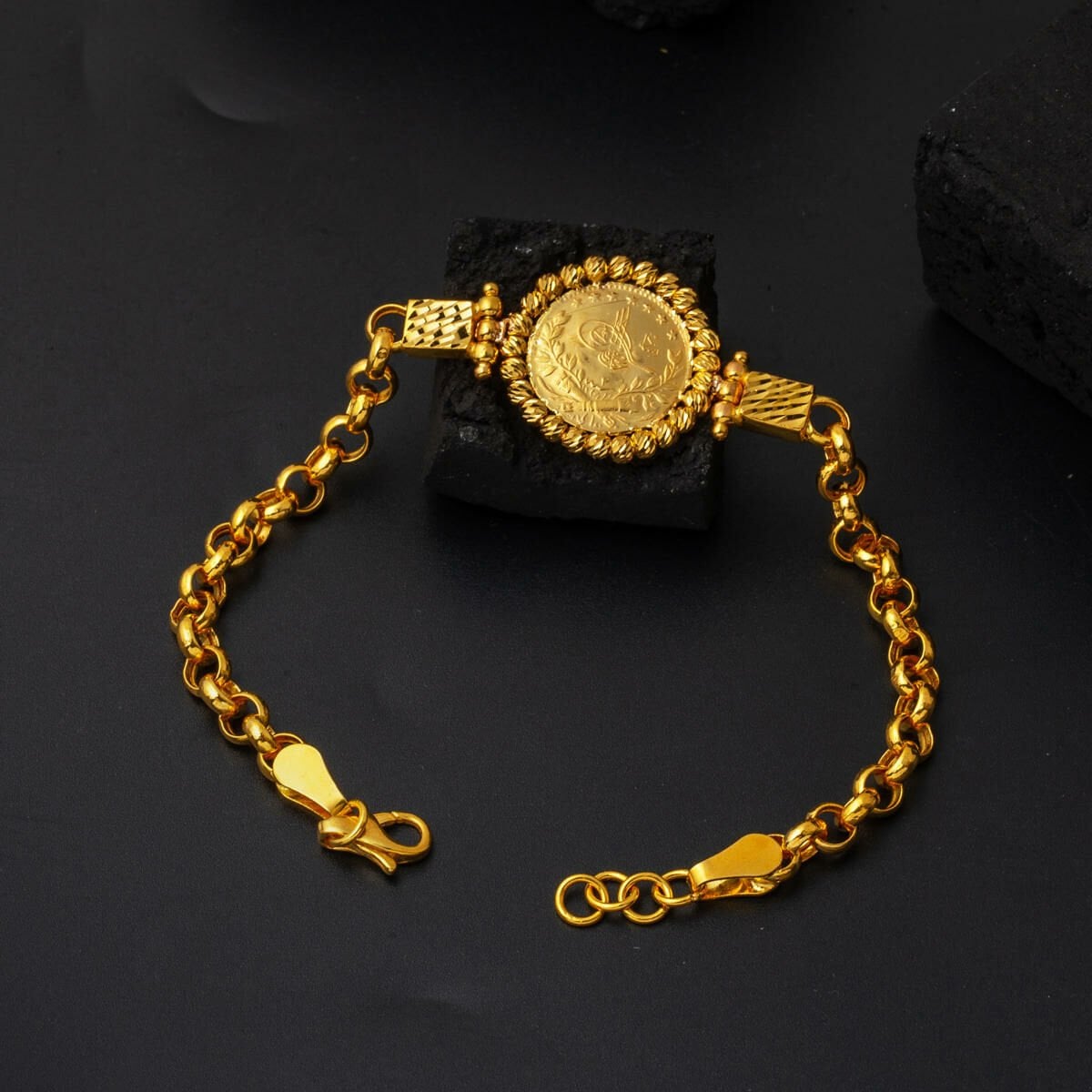 22K Yellow Gold Rolo Chain Ottoman Resat Quarter Coin Bracelet