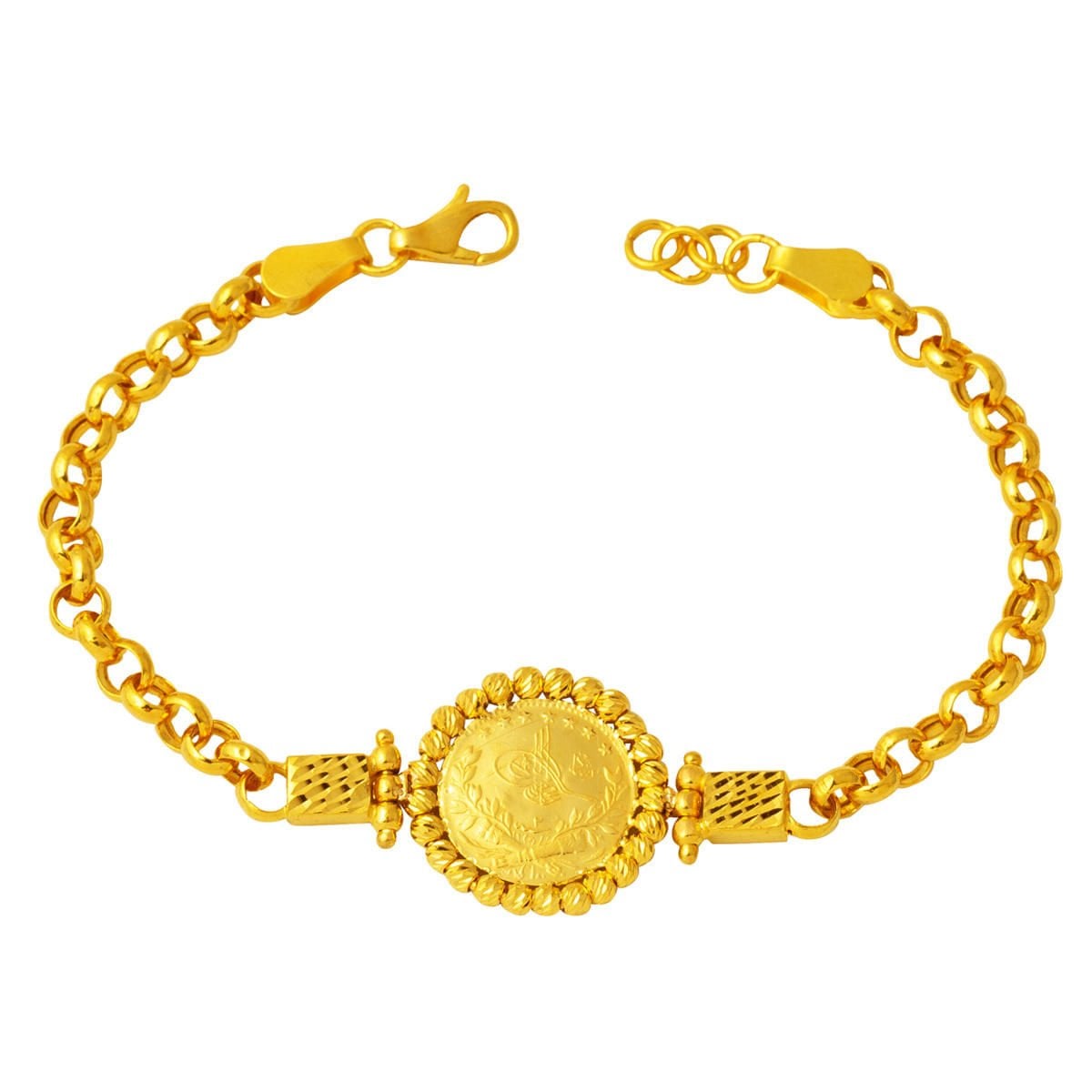 22K Yellow Gold Rolo Chain Ottoman Resat Quarter Coin Bracelet