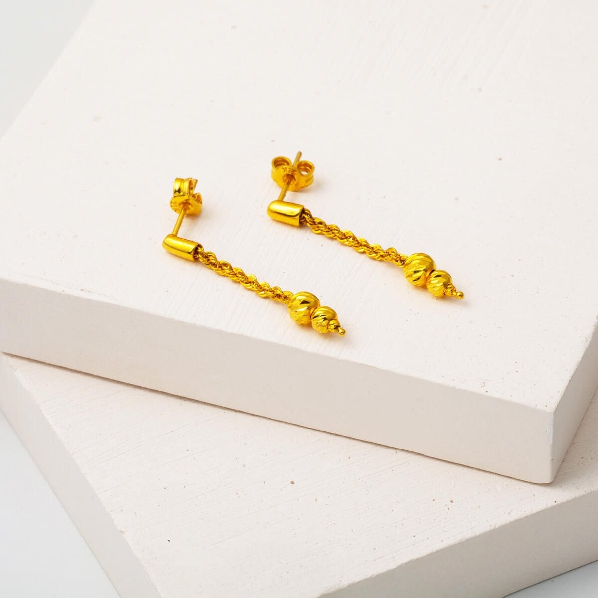 22K Yellow Gold Braided Gold Bead Dangle Earrings