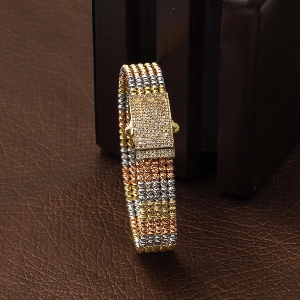 14K Yellow Gold Bead Hinged Cuff Cubic Zirconia Bangle (26.15 g)