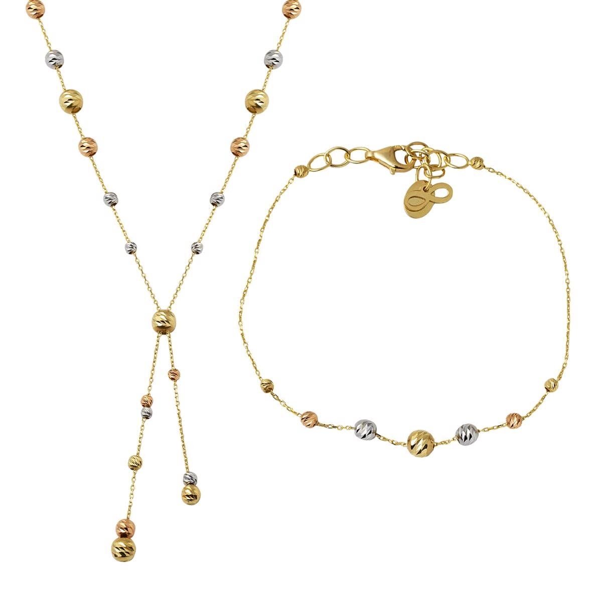 14K Yellow Gold Bead Double Choker Necklace and Bracelet Set