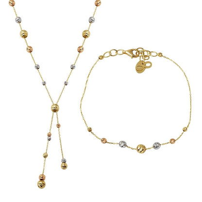 14K Yellow Gold Bead Double Choker Necklace and Bracelet Set