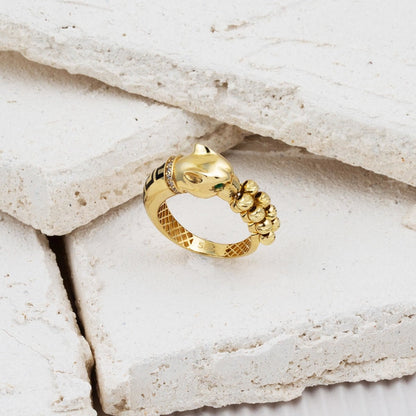 14K Yellow Gold Panther Gold Bead Cubic Zirconia Ring