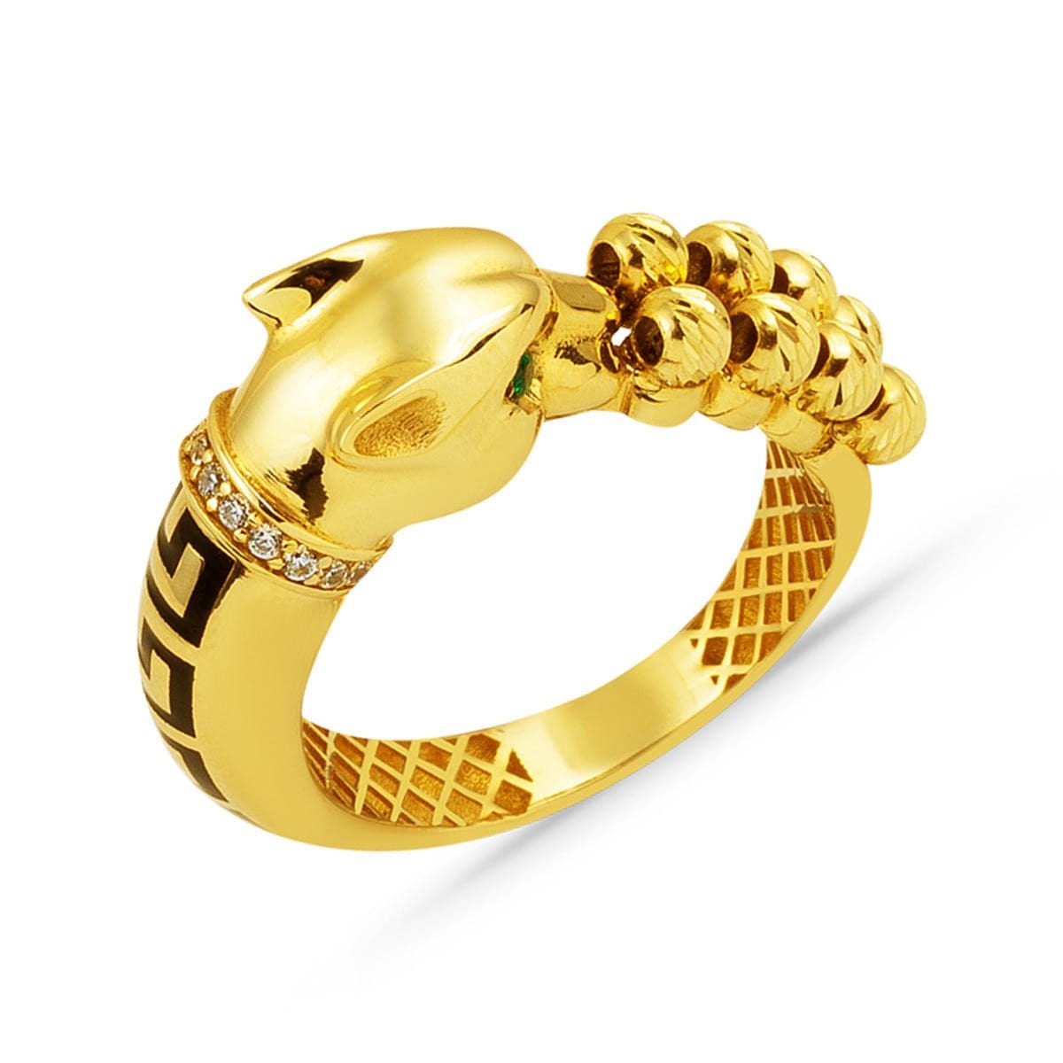 14K Yellow Gold Panther Gold Bead Cubic Zirconia Ring