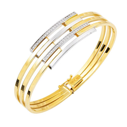 14K Yellow Gold Quad Ribbed Hinged Cuff Cubic Zirconia Bangle