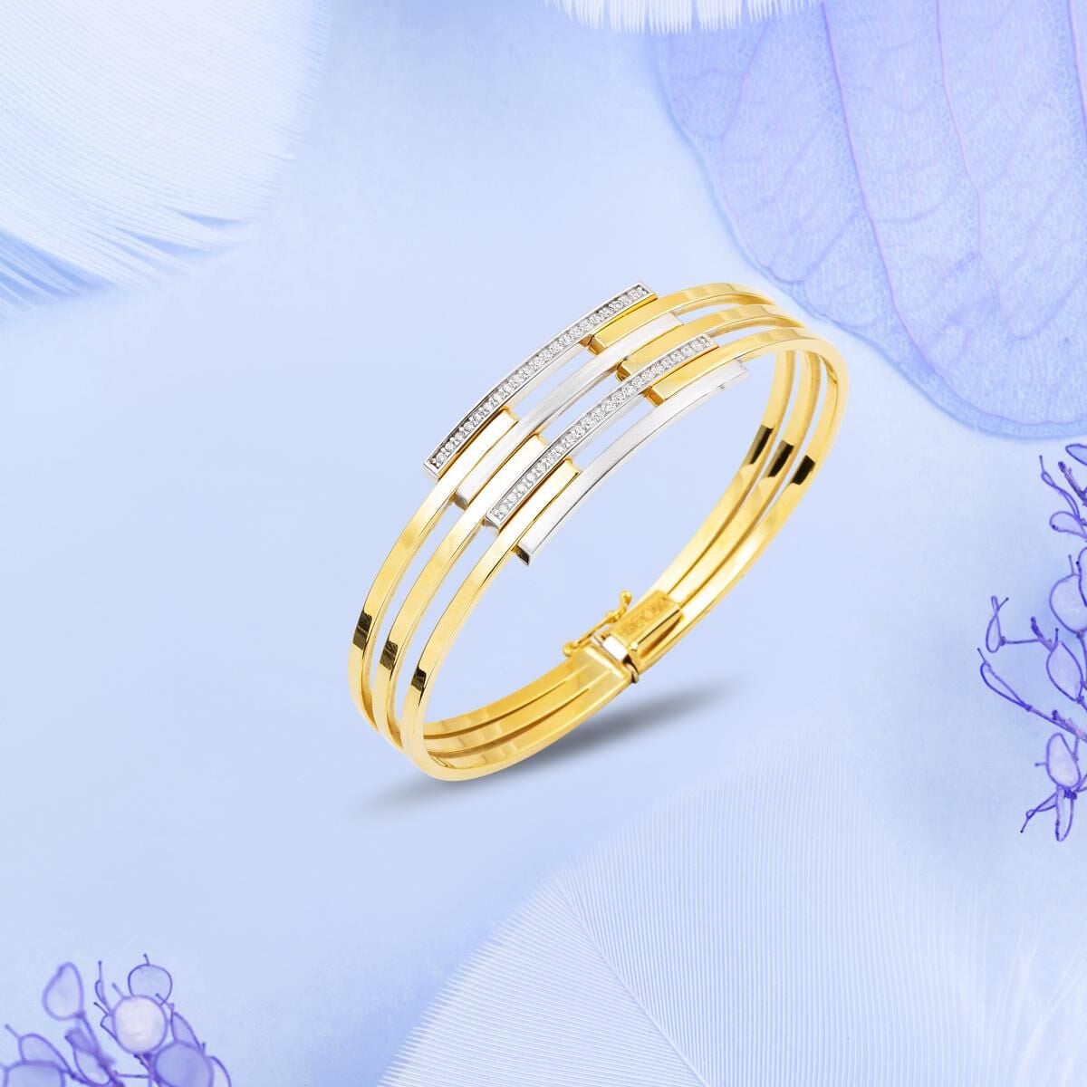 14K Yellow Gold Quad Ribbed Hinged Cuff Cubic Zirconia Bangle