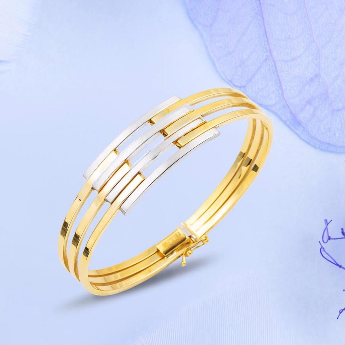 14K Yellow Gold Quad Ribbed Hinged Cuff Bangle