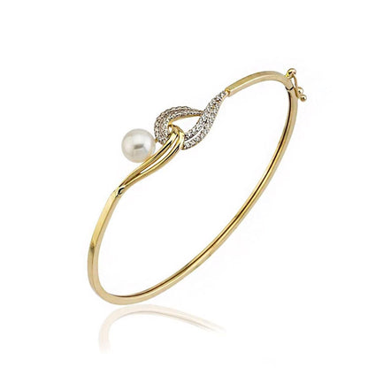 14K Yellow Gold Knot Pearl Hinged Cuff Bangle