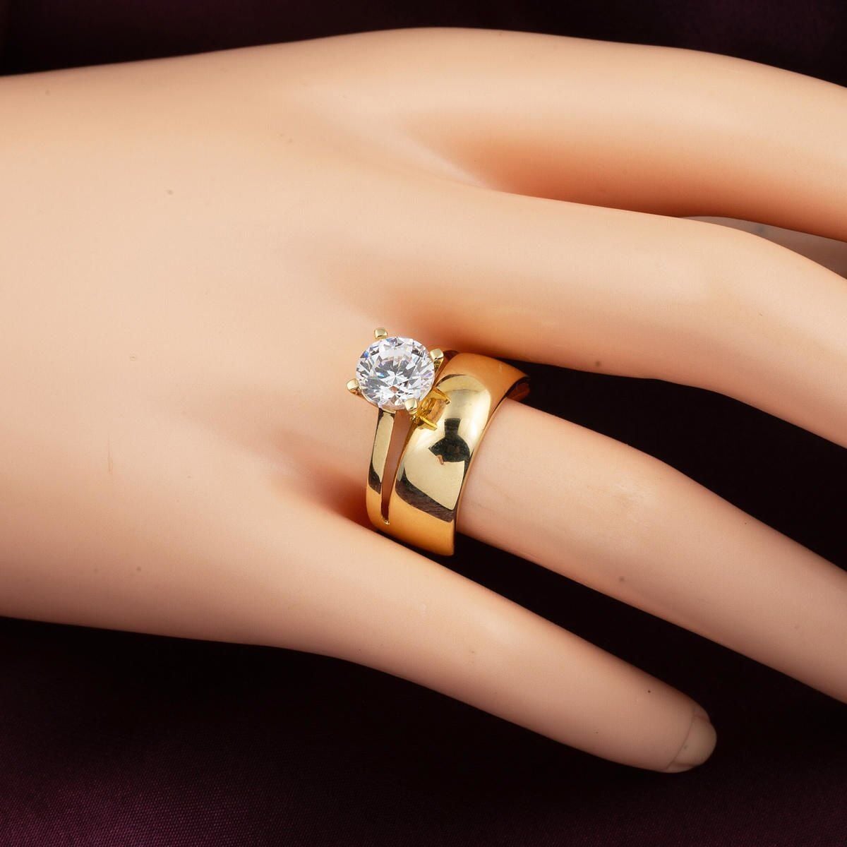 14K Yellow Gold Single Stone Wedding Band Cubic Zirconia Ring