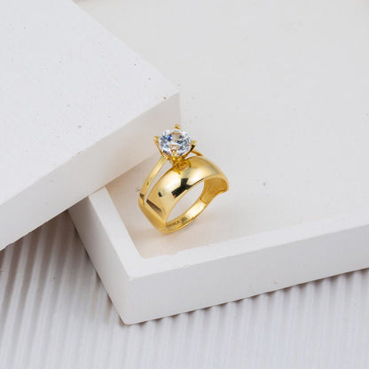 14K Yellow Gold Single Stone Wedding Band Cubic Zirconia Ring