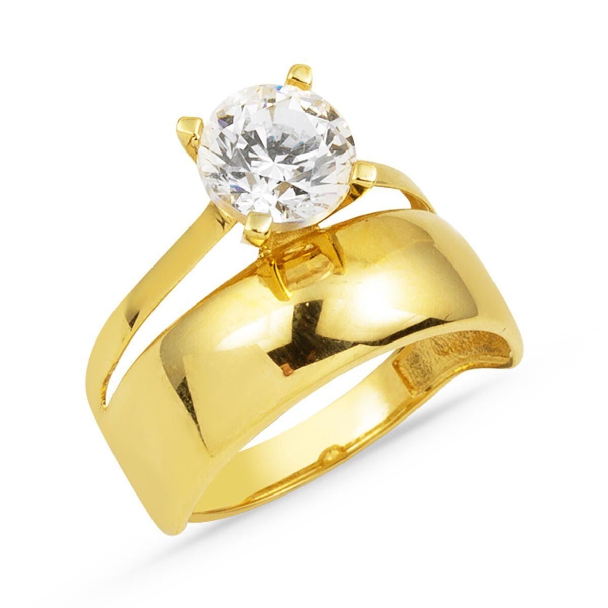 14K Yellow Gold Single Stone Wedding Band Cubic Zirconia Ring