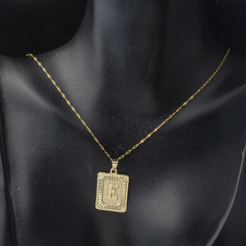 14K Yellow Gold E Initial Square Plate Necklace