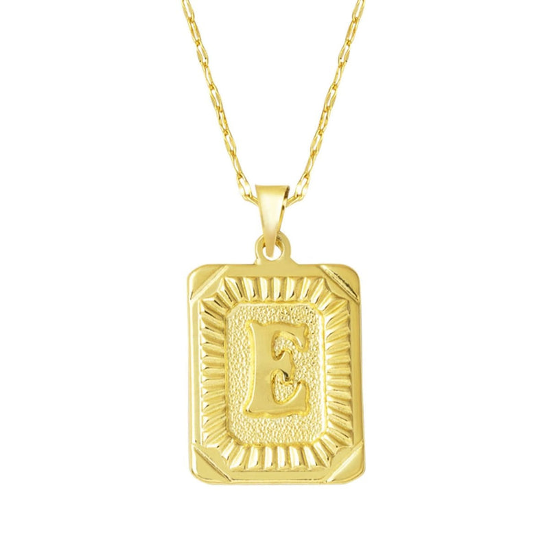 14K Yellow Gold E Initial Square Plate Necklace