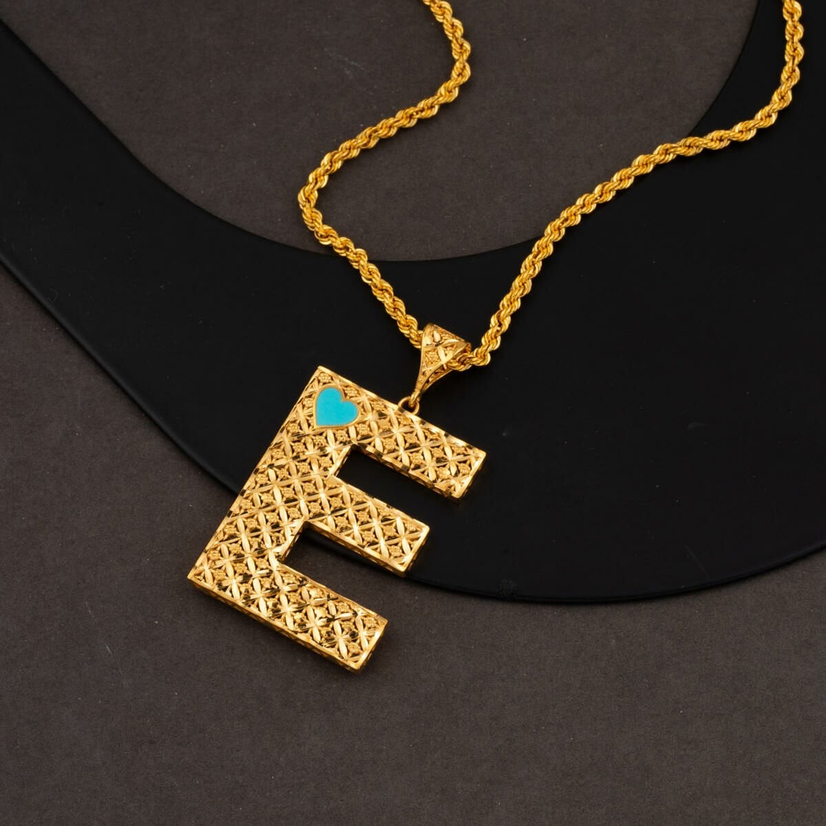 22K Yellow Gold Initial E Heart Turquoise Necklace