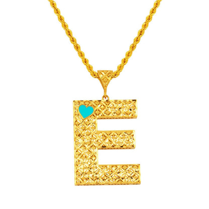 22K Yellow Gold Initial E Heart Turquoise Necklace
