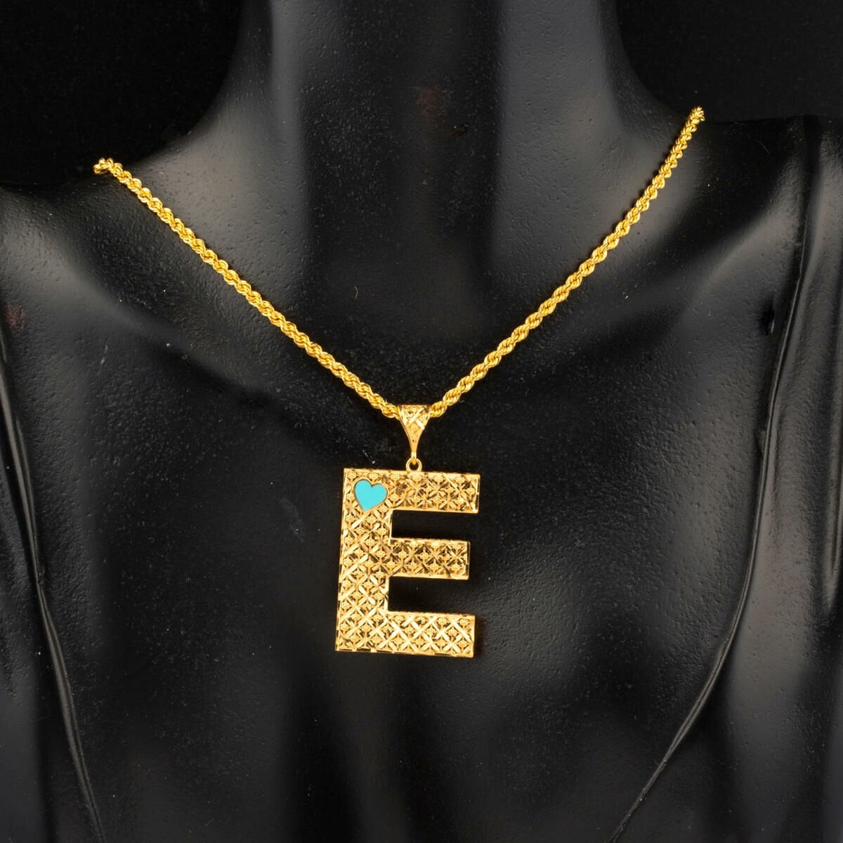 22K Yellow Gold Initial E Heart Turquoise Necklace