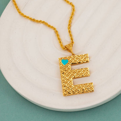 22K Yellow Gold Initial E Heart Turquoise Necklace