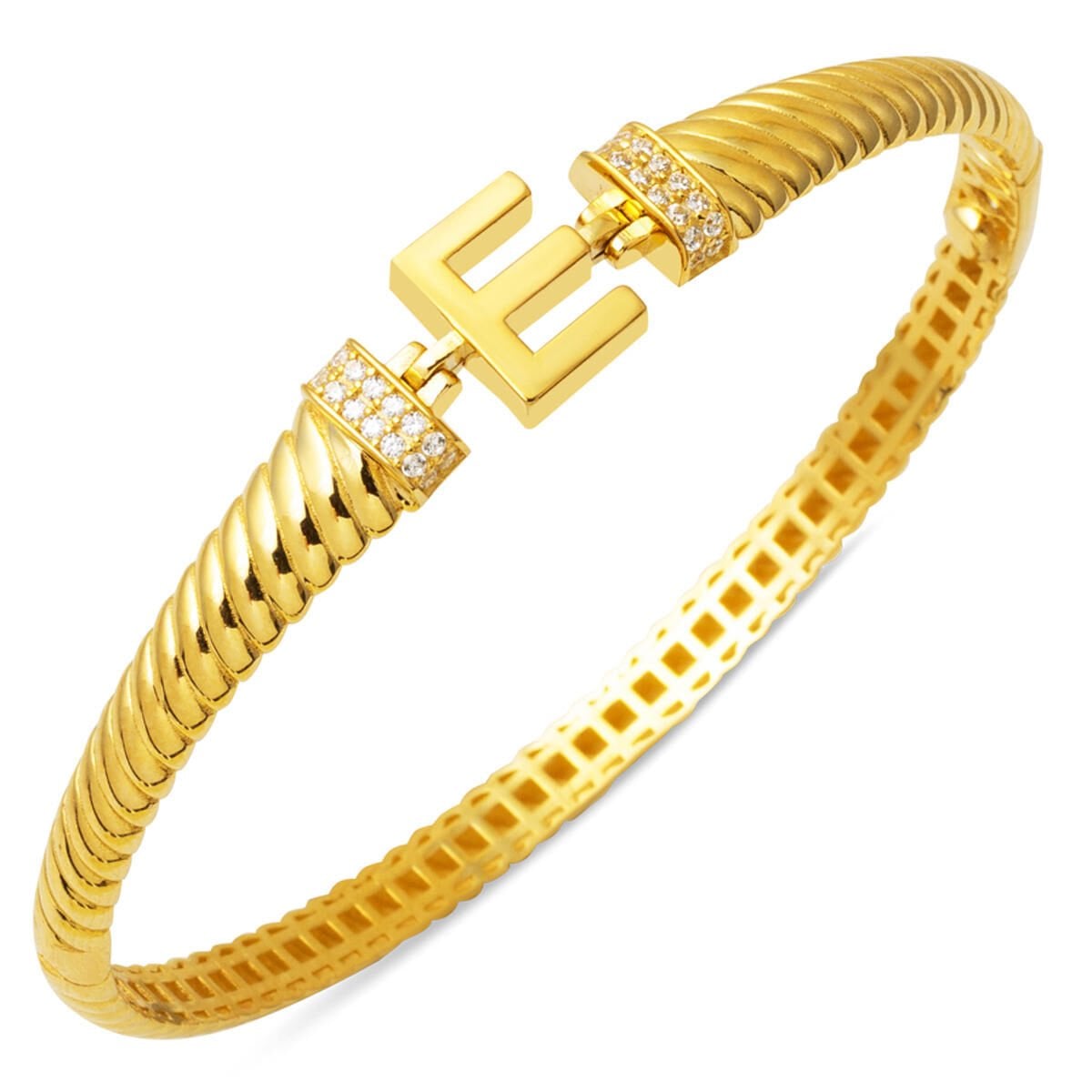 14K Yellow Gold E Initial Twisted Cubic Zirconia Hinged Cuff Bangle