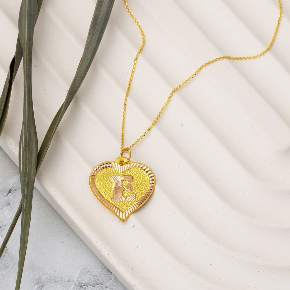 14K Yellow Gold Initial E Heart Necklace