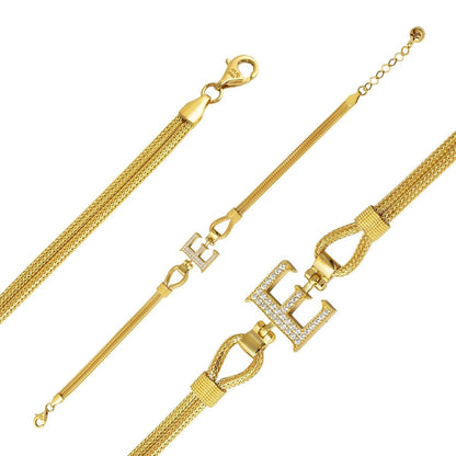 14K Yellow Gold Initial E Braided Chain Cubic Zirconia Bracelet