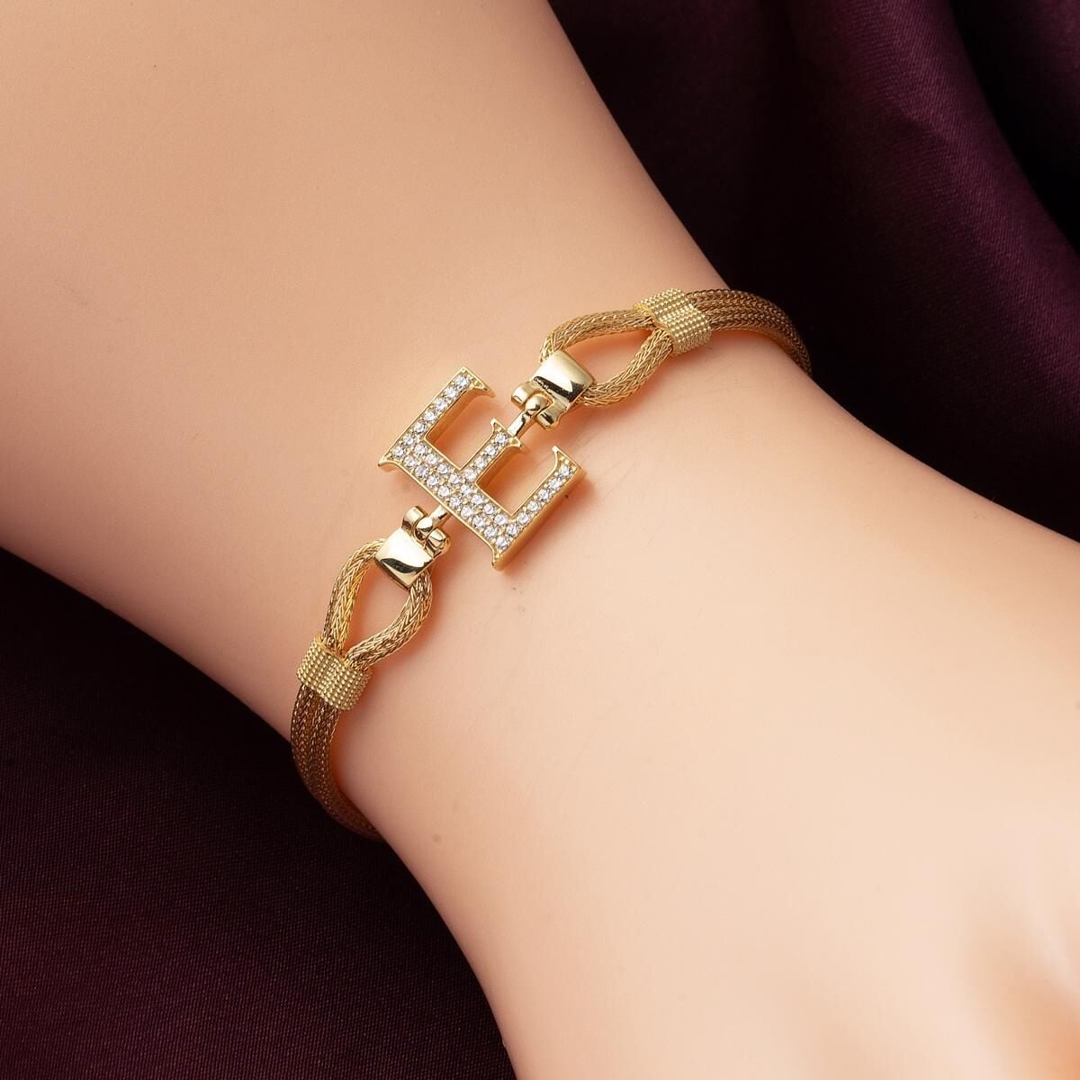 14K Yellow Gold Initial E Braided Chain Cubic Zirconia Bracelet