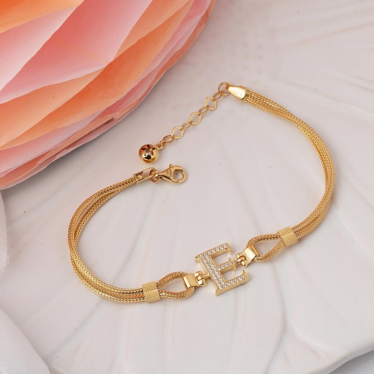 14K Yellow Gold Initial E Braided Chain Cubic Zirconia Bracelet