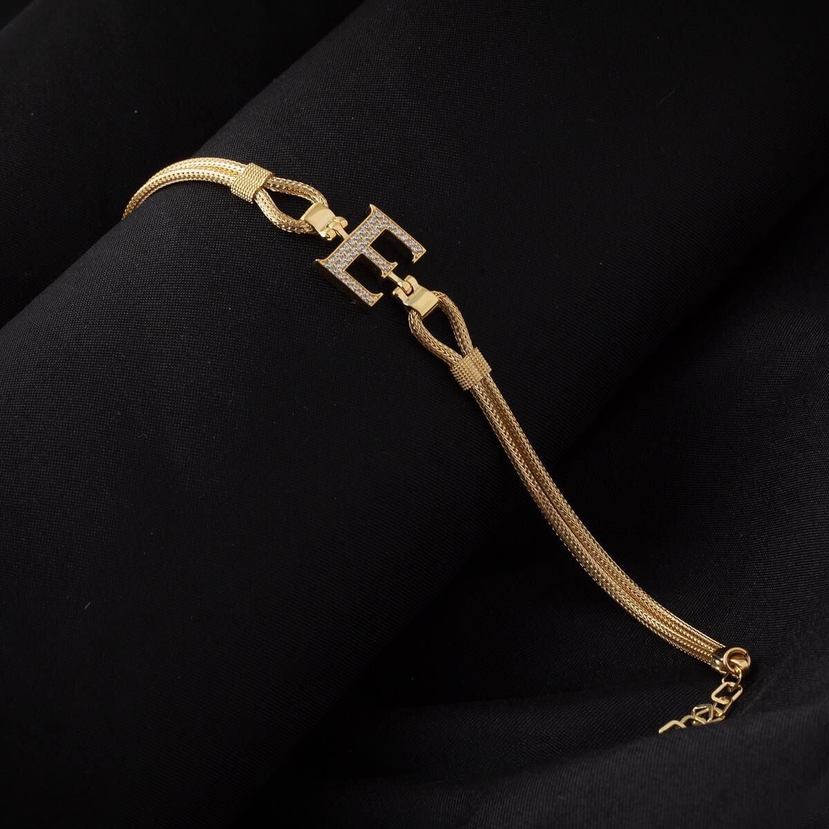 14K Yellow Gold Initial E Braided Chain Cubic Zirconia Bracelet