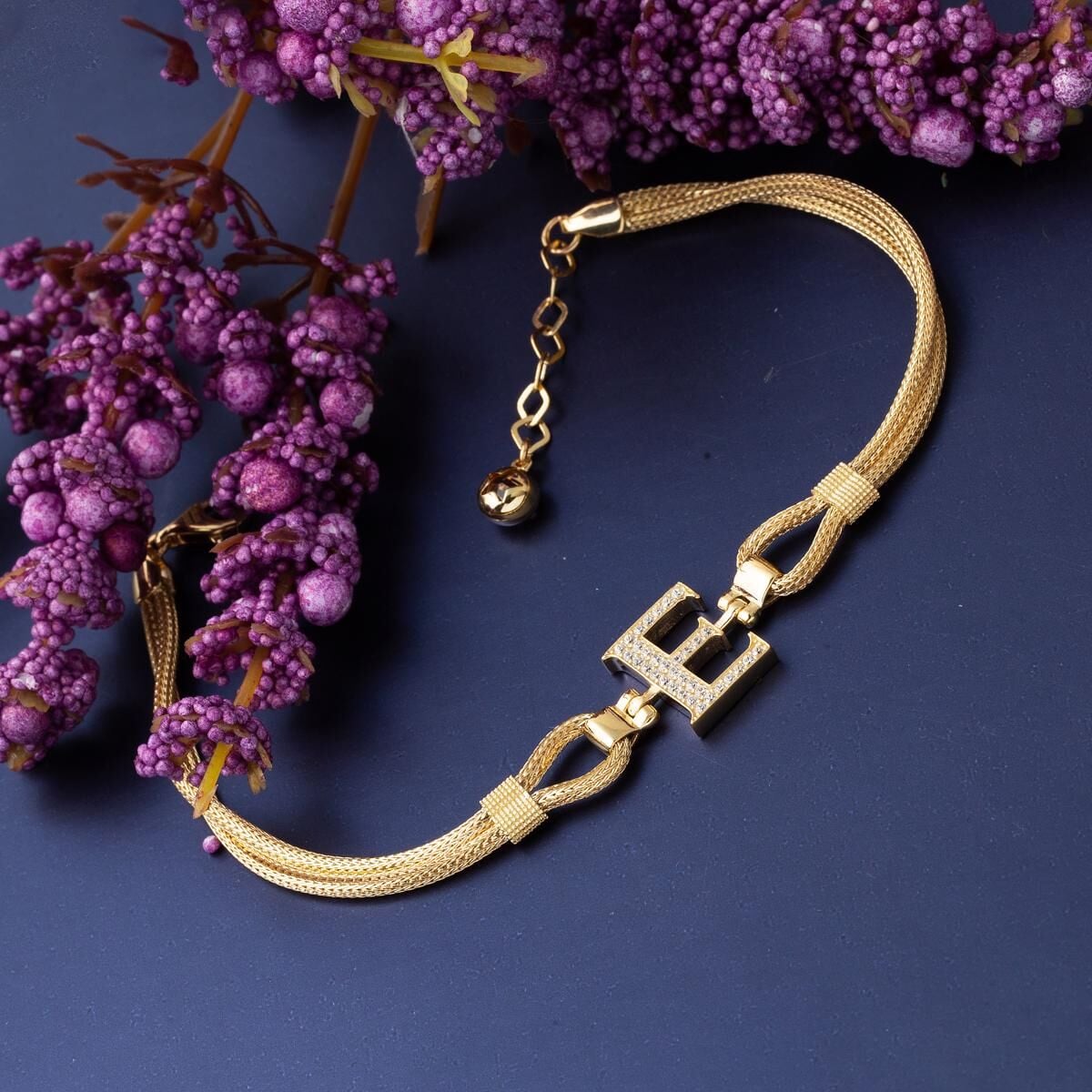14K Yellow Gold Initial E Braided Chain Cubic Zirconia Bracelet