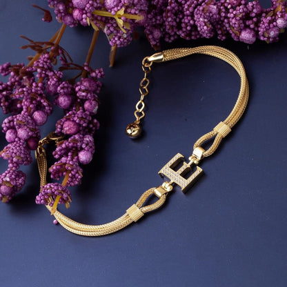 14K Yellow Gold Initial E Braided Chain Cubic Zirconia Bracelet