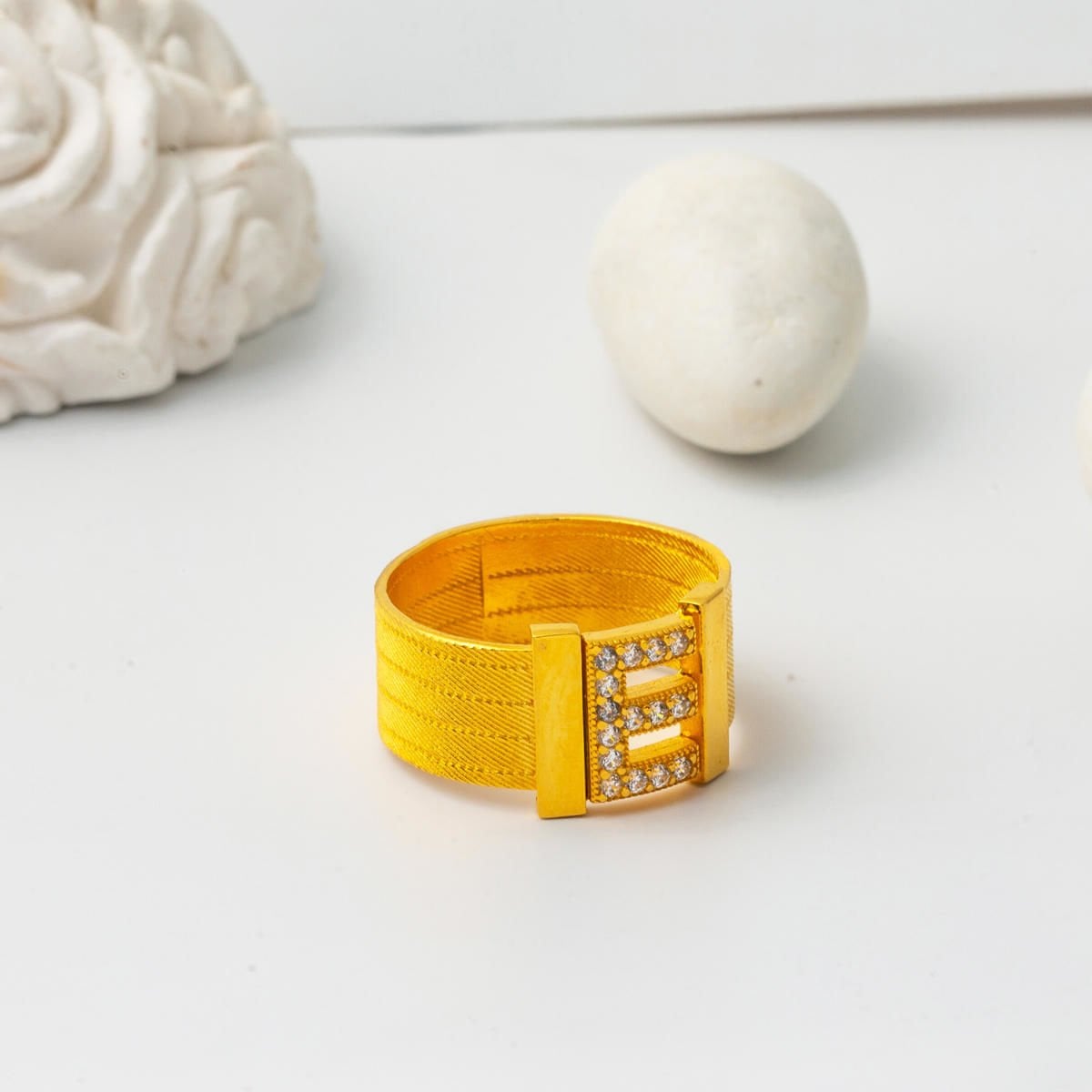 22K Yellow Gold Initial E Trabzon Mesh Cubic Zirconia Ring