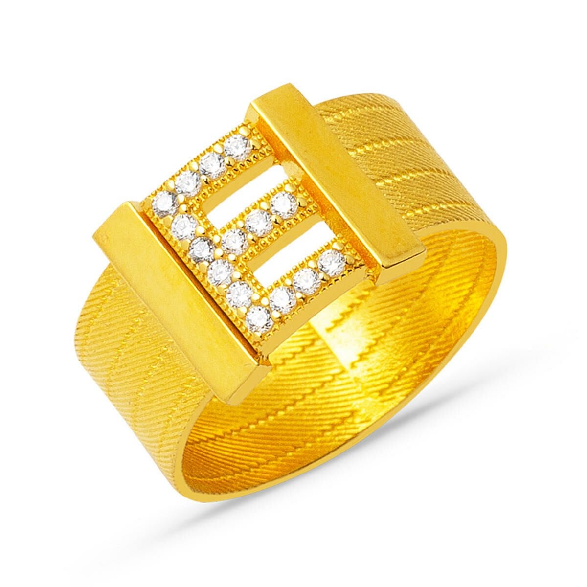 22K Yellow Gold Initial E Trabzon Mesh Cubic Zirconia Ring