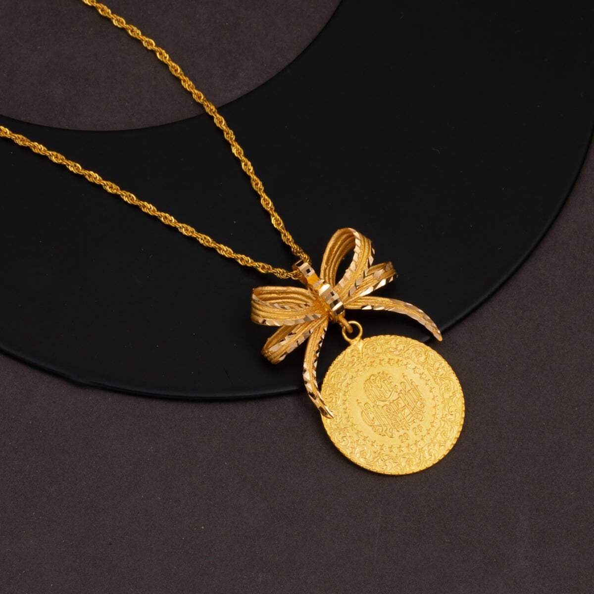 22K Yellow Gold Half Coin Bow Necklace