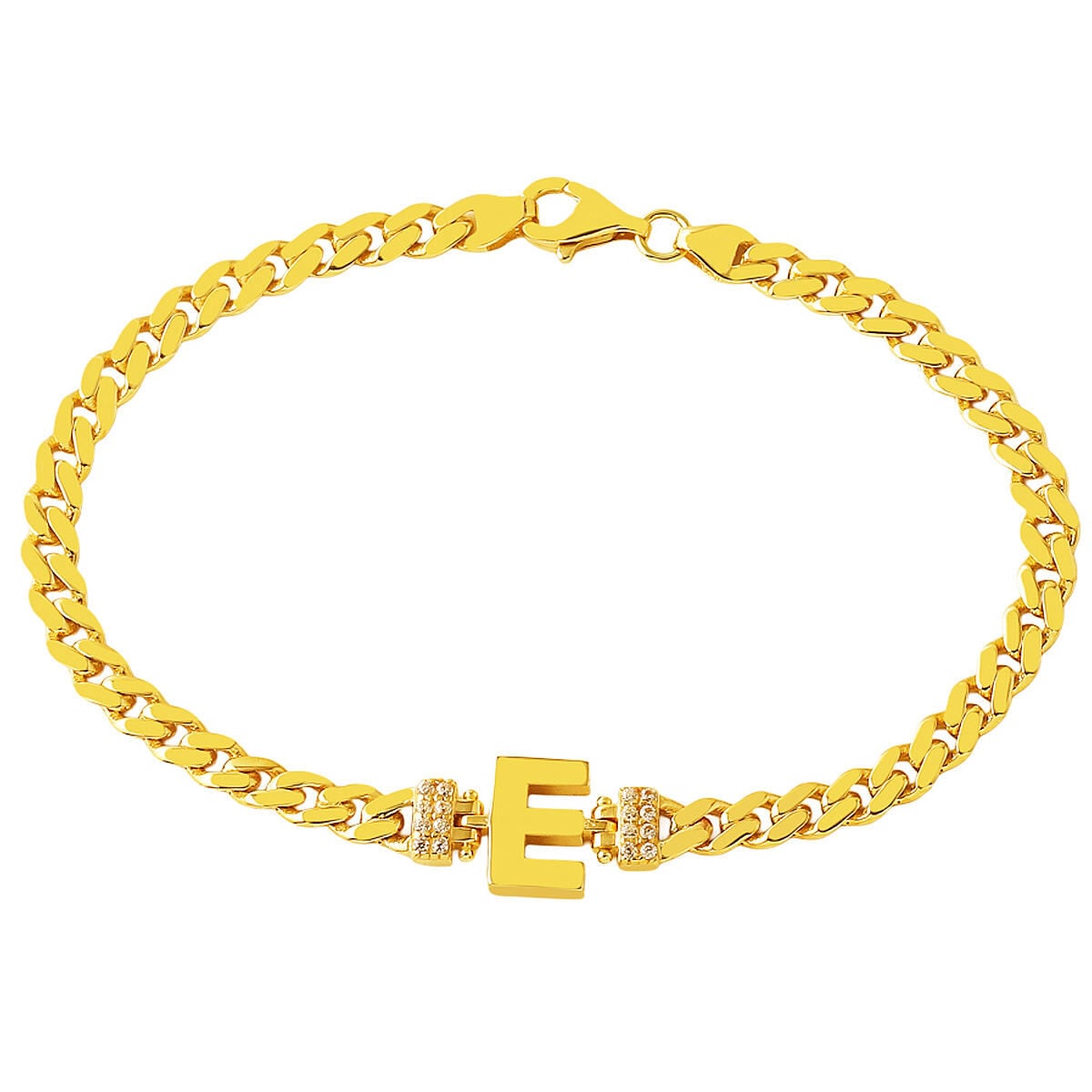 14K Yellow Gold E Initial Curb Cubic Zirconia Bracelet