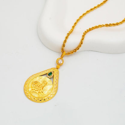 14K Yellow Gold Sparkling Ottoman Tughra Cubic Zirconia Necklace