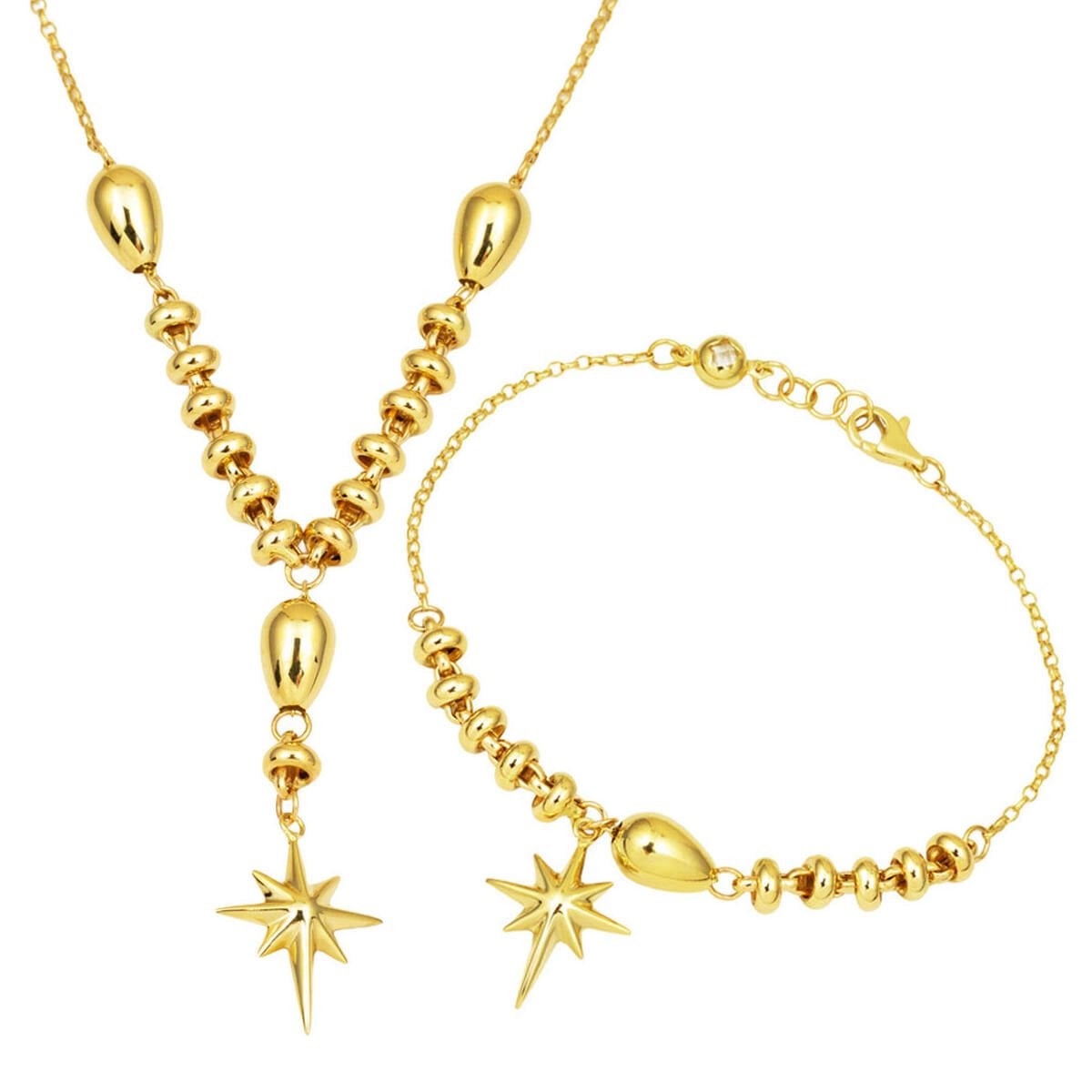 14K Yellow Gold North Star Cubic Zirconia Bracelet and Necklace Set