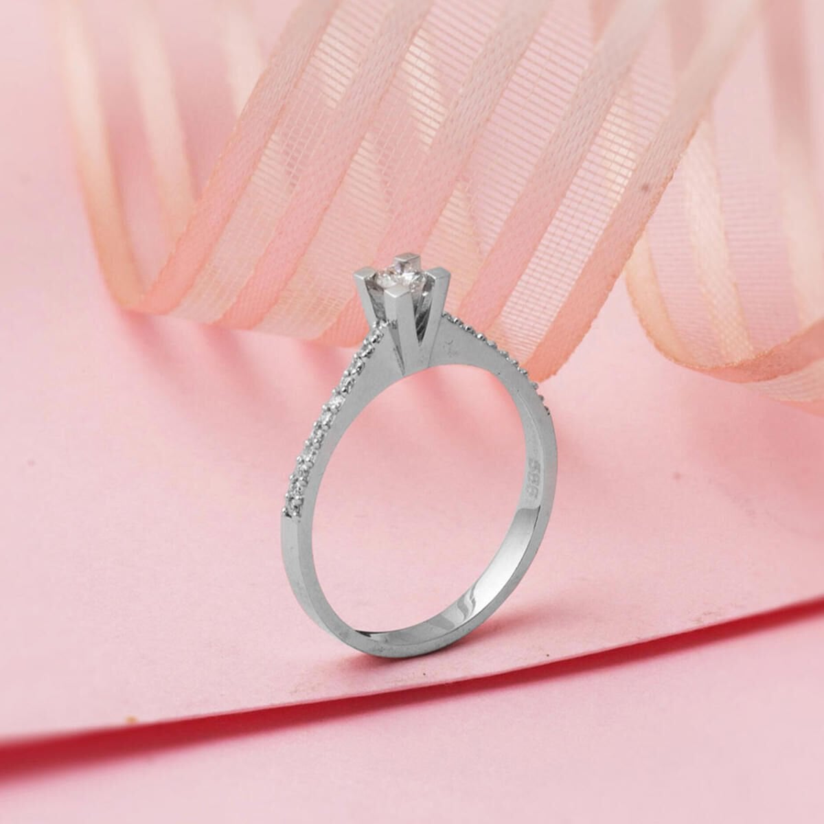 14K White Gold 0.25 Ct Classic Solitaire Side Cubic Zirconia Diamond Ring