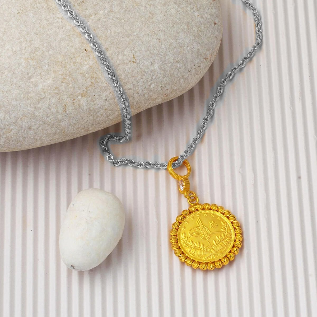 14K Yellow Gold Half Ottoman Resat Coin Cubic Zirconia Pendant