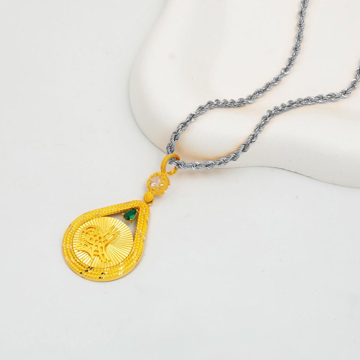 14K Yellow Gold Teardrop Ottoman Tughra Cubic Zirconia Pendant