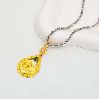 14K Yellow Gold Teardrop Ottoman Tughra Cubic Zirconia Pendant