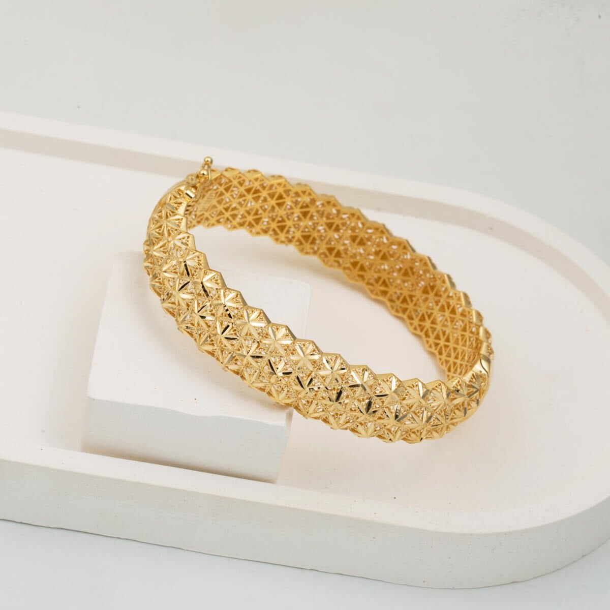 14K Yellow Gold Embossed Hinged Cuff Bangle