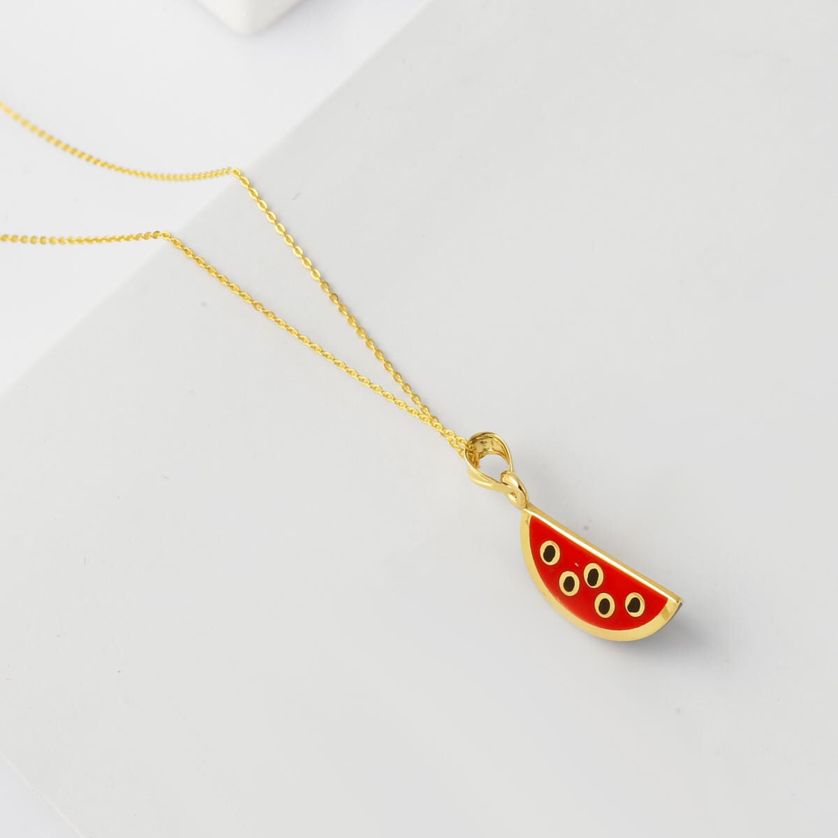 14K Yellow Gold Watermelon Slice Enamel Pendant