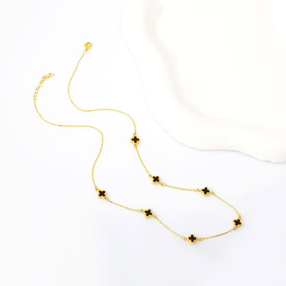 14K Yellow Gold Black Glass Clover Necklace