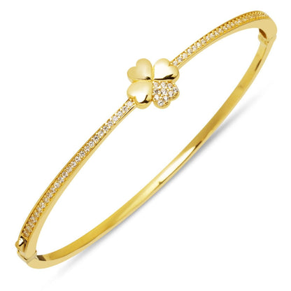 14K Yellow Gold Clover Cubic Zirconia Hinged Cuff Bangle