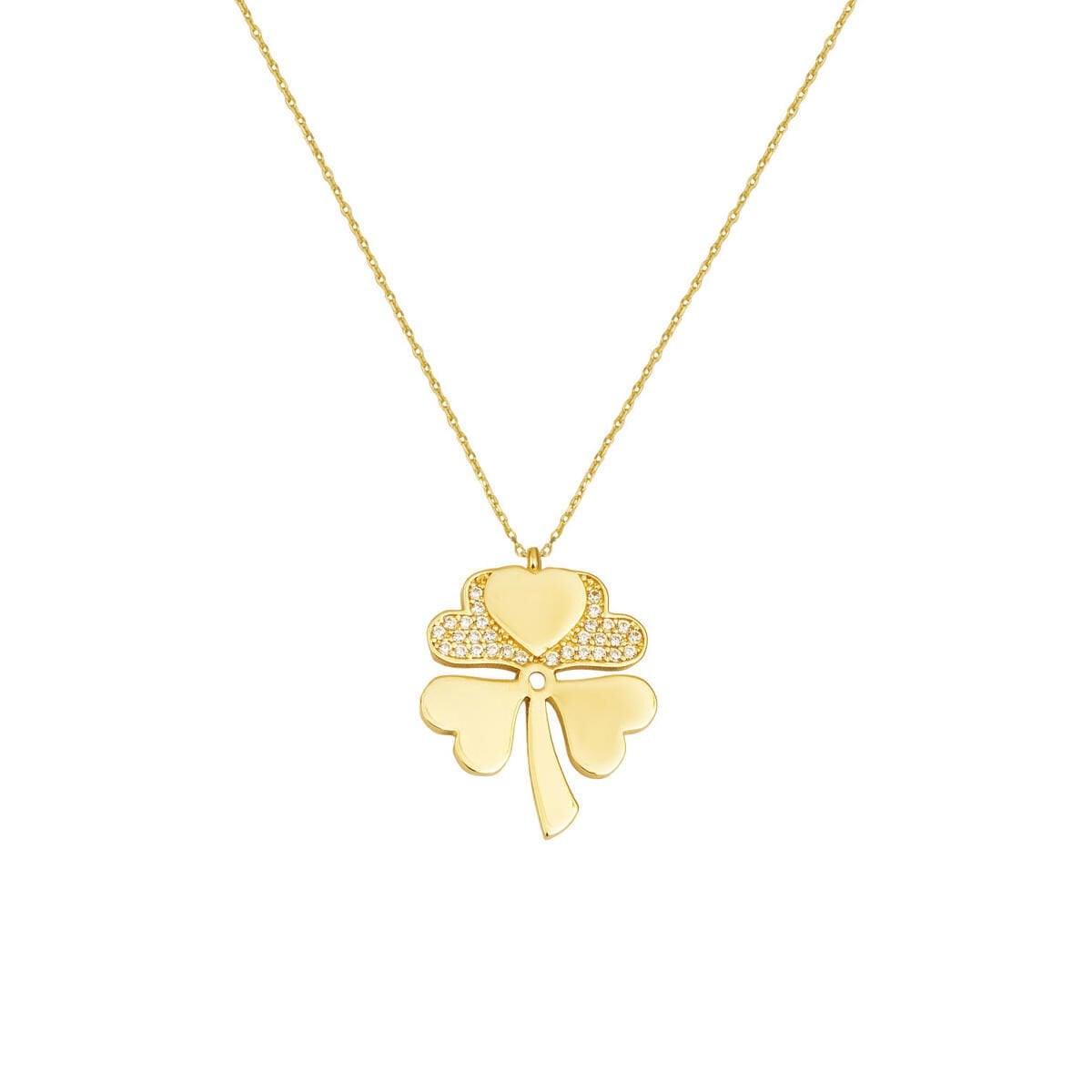 14K Yellow Gold Four Leaf Clover Cubic Zirconia Necklace