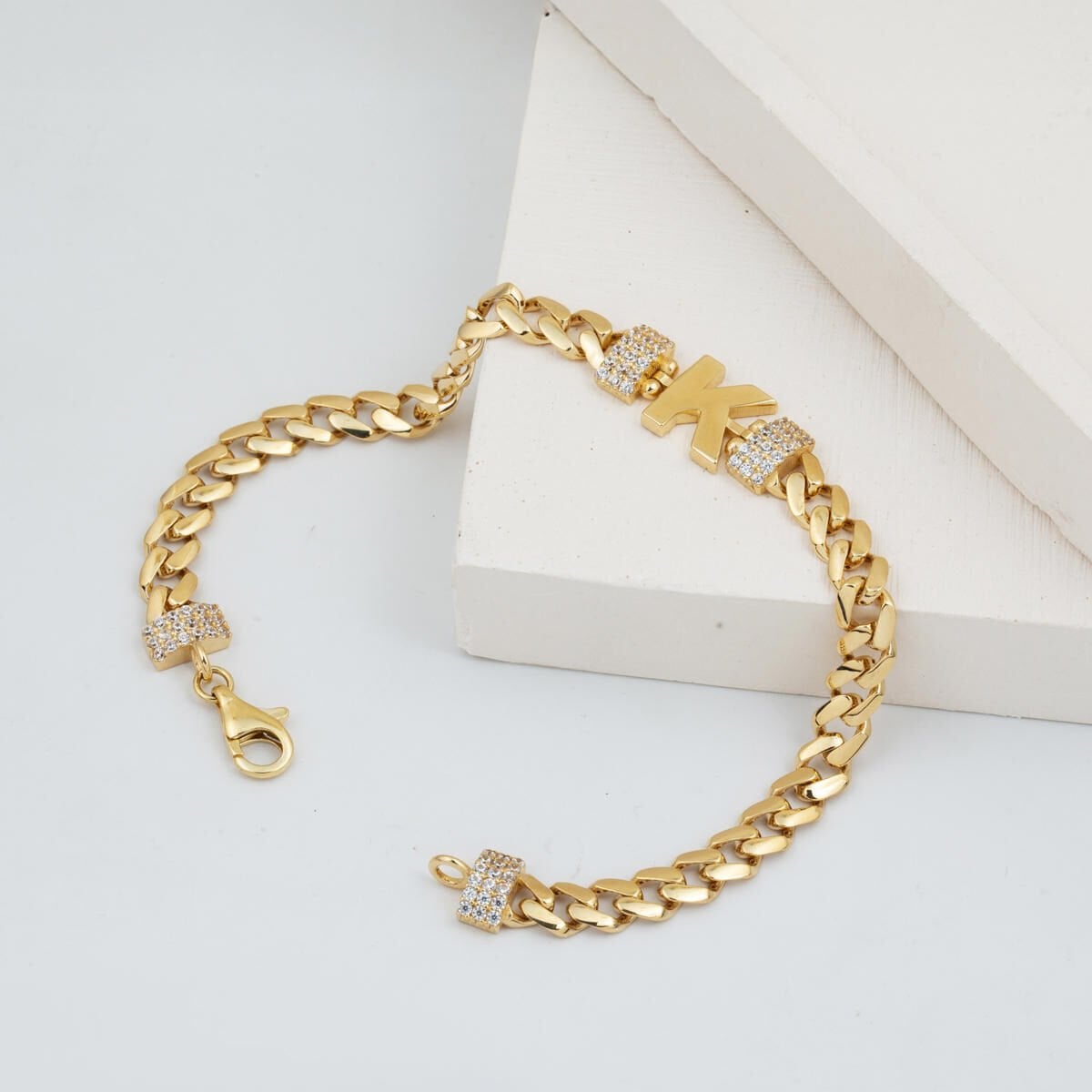 14K Yellow Gold Curb Chain K Initial Cubic Zirconia Bracelet