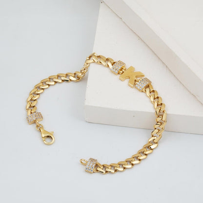 14K Yellow Gold Curb Chain K Initial Cubic Zirconia Bracelet
